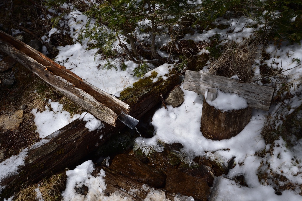 Spring water source at Minami-Omuro Hut tent site on Hōō Sanzan with camping gear