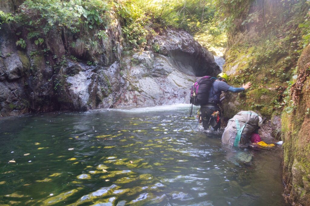 Two-tiered waterfall with deep pool in Nanatakisawa stream, Iide Range Japan