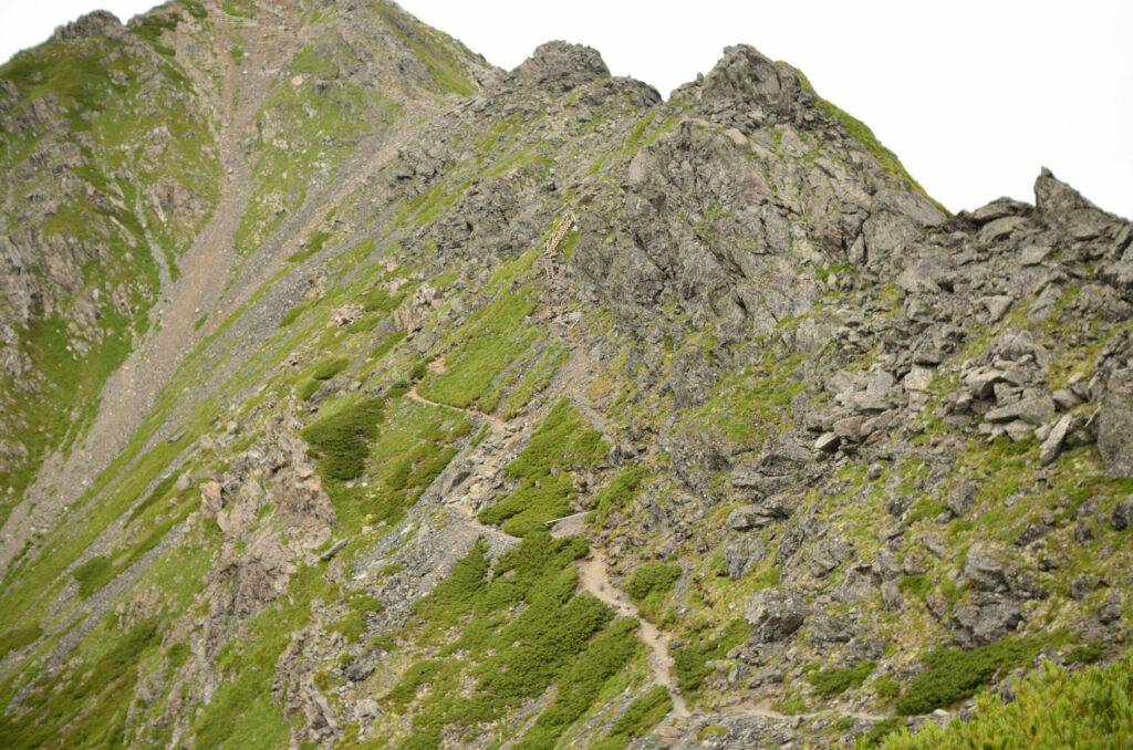 Ridge line trail approaching Kitadake Sanso mountain hut, Southern Japan Alps