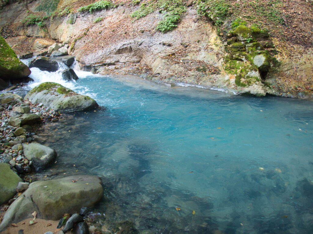 Sukkan-zawa azure pool with columnar basalt gorge Nasu Japan