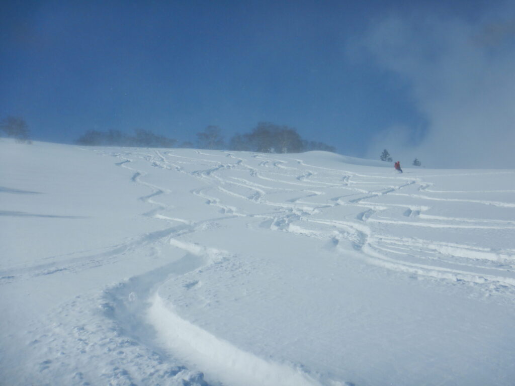 Telemark skier descending through deep powder snow creating white plumes on Ura-Iwate slopes