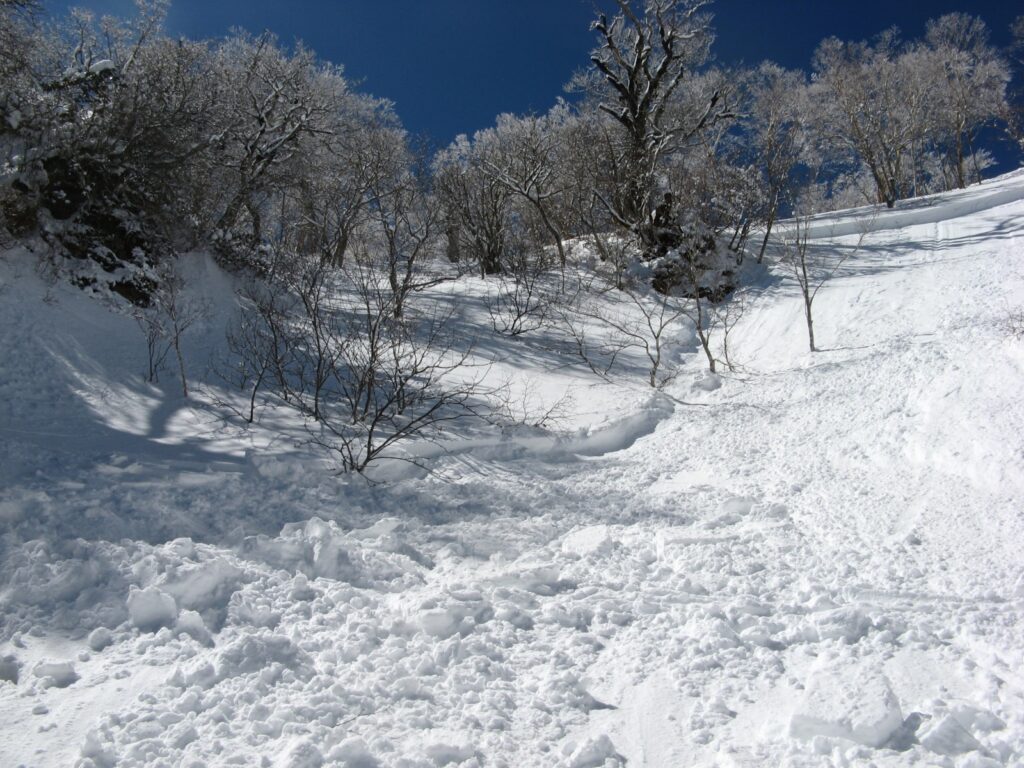 Surface avalanche fracture line on Kashiasahi-dake slope - approximately 50cm deep