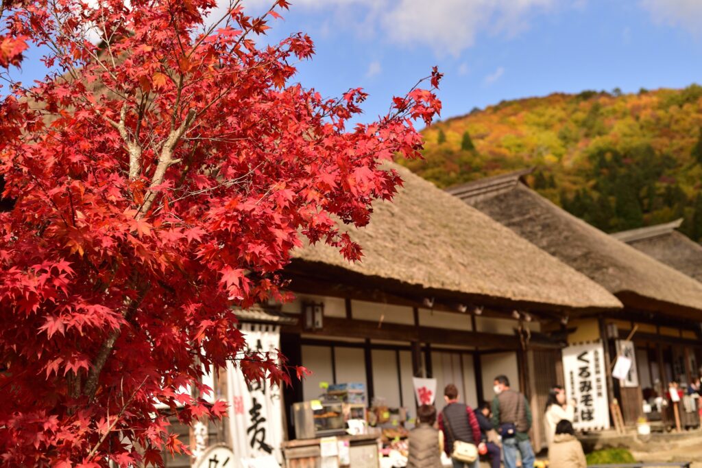 Ouchi-juku traditional thatched roof houses in autumn, Edo-period post town preservation district, Fukushima
