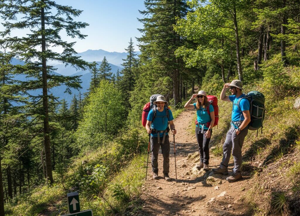 Two hikers on a narrow trail demonstrating proper Japanese trail manners by bowing as the uphill hiker passes.