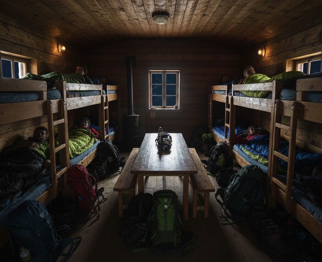 Interior view of a Japanese yamagoya (mountain hut) sleeping area with neatly organized futons and quiet hikers resting.
