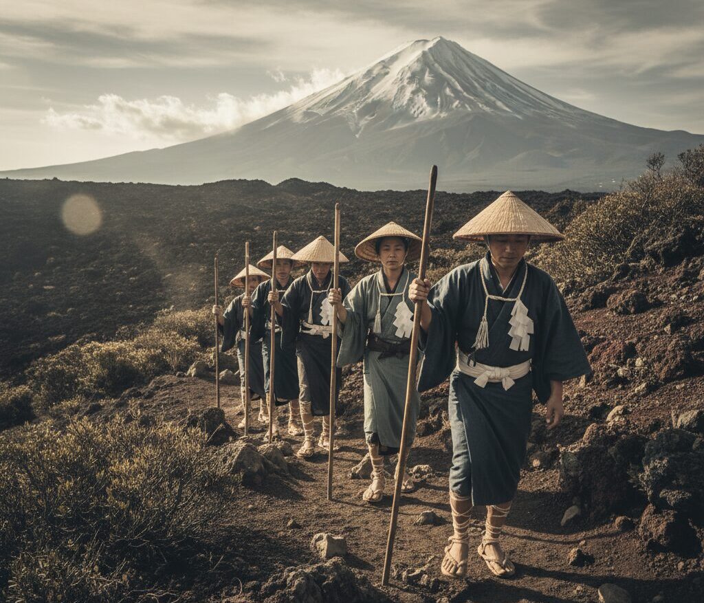 Yamabushi (Japanese mountain ascetic) in full traditional attire blowing a conch shell in a misty, forested Shugendo trail.