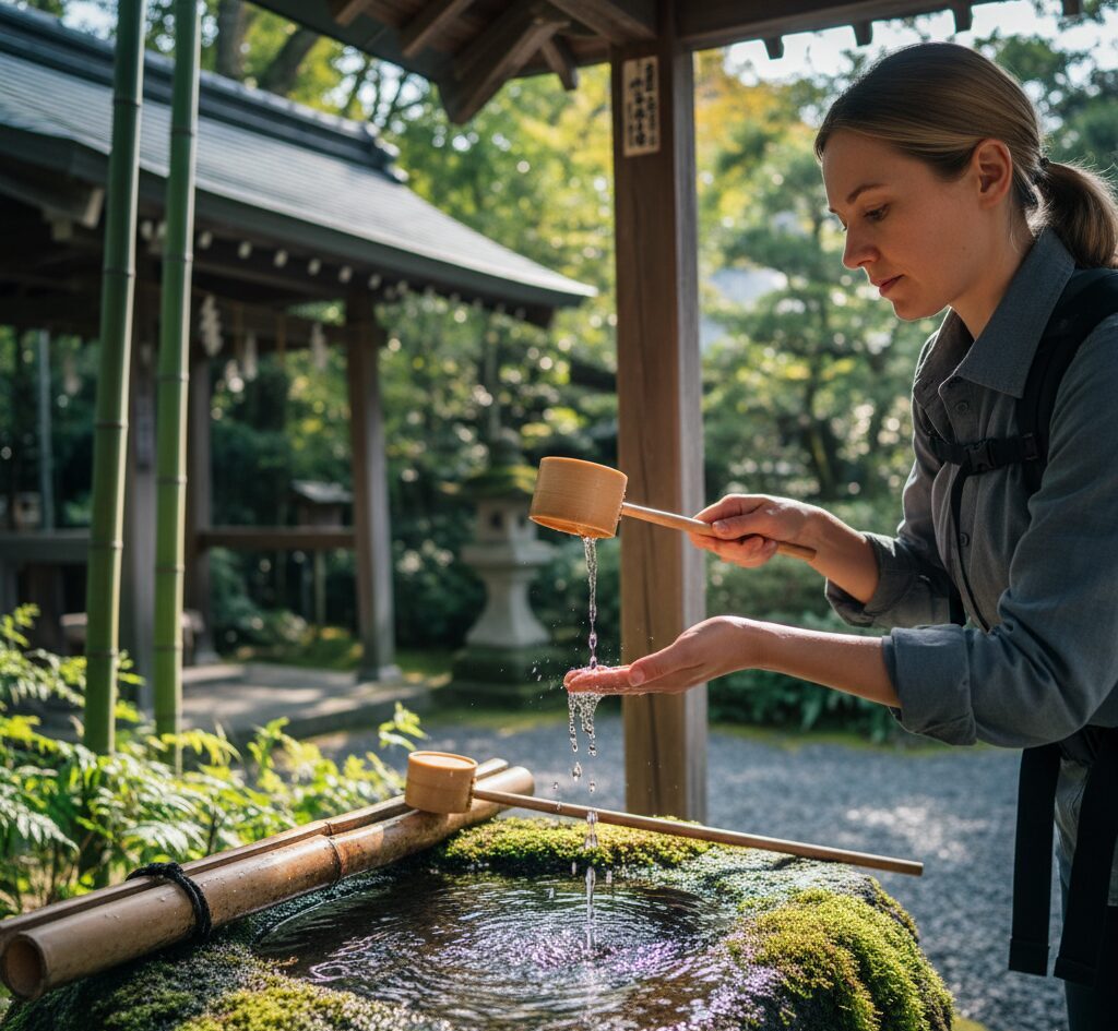 Hiker performing the chōzuya hand-washing ritual with a ladle before entering a mountain shrine.