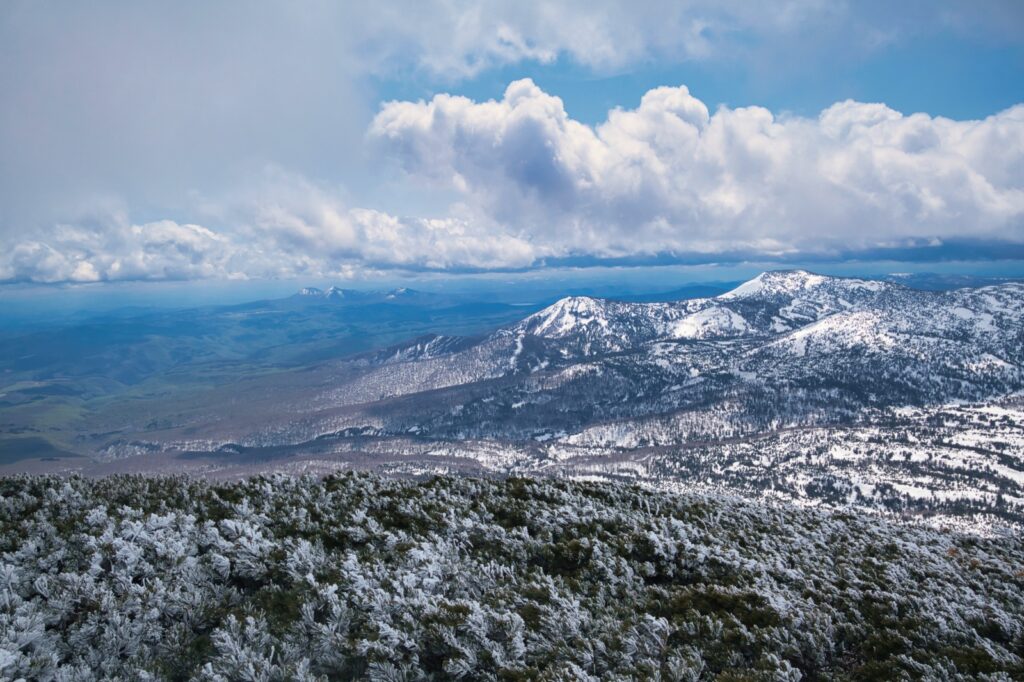 Mt. Kodake and Mutsu Bay view from Mt. Takadaodake approach in Hakkoda Mountains
