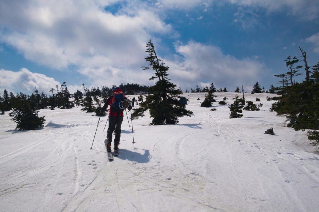 Ski mountaineers approaching windswept ridgeline on Yokodake in strong southerly winds