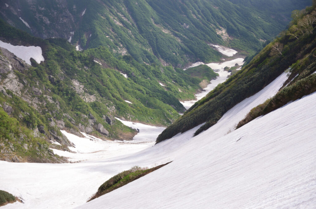 Gentle curves of Ishikorobi snowfield with ridge line in background