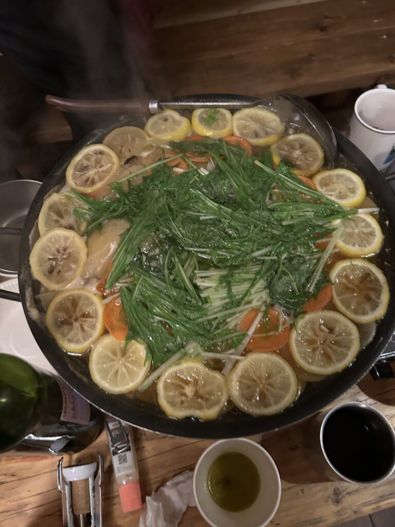 Lemon hot pot prepared for New Year celebration at Masuzawa Hut in Funagata Mountains
