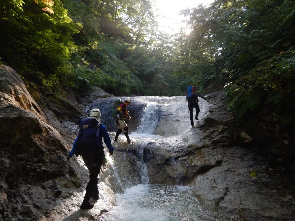 Day two start on Kitanomata-zawa right fork, small waterfalls in the upper reaches, Hachimantai stream climbing Japan