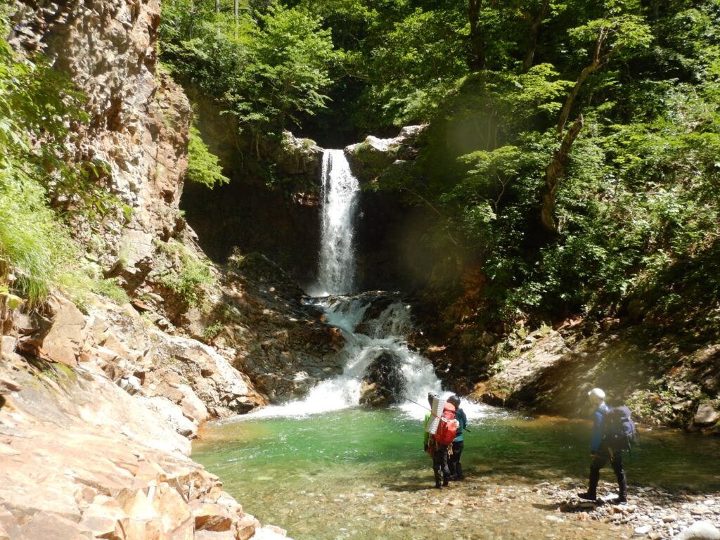 Kakkonda O-taki great waterfall, major landmark on Kitanomata-zawa stream climbing route, Hachimantai