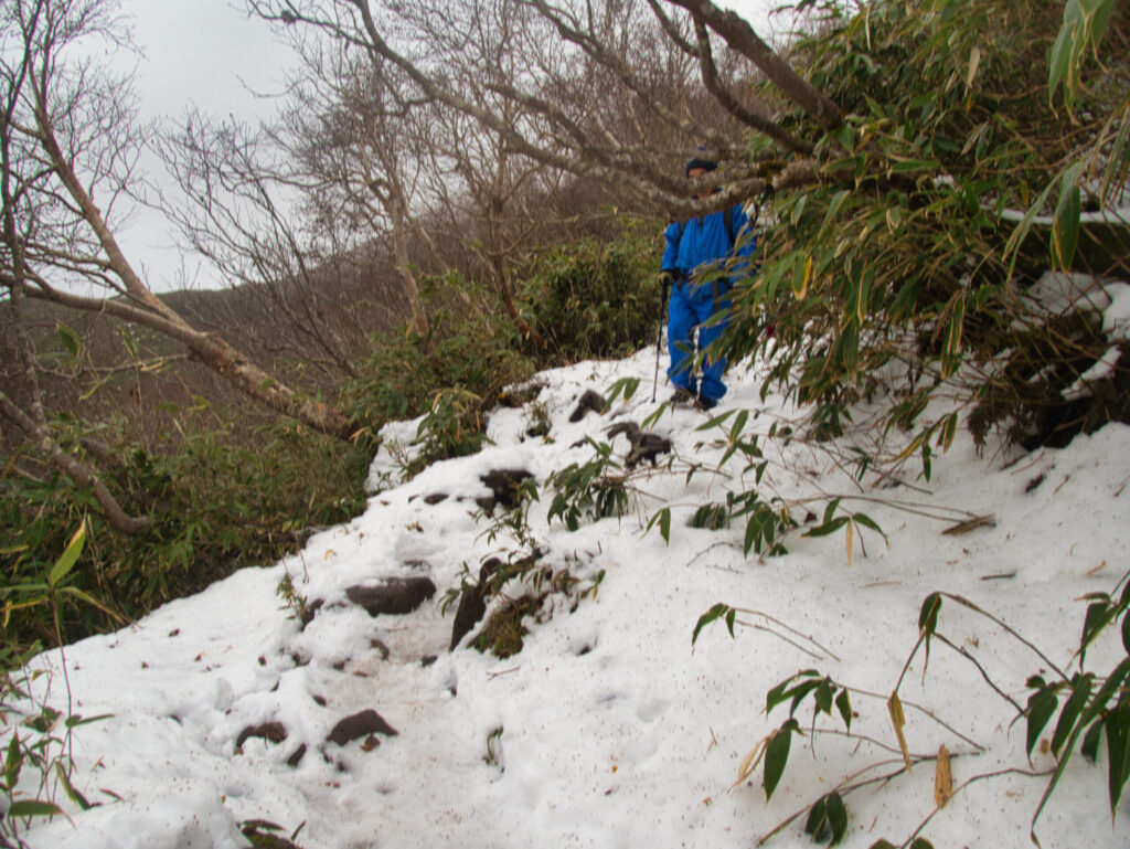 Slippery melting snow and mud on the descent trail from the 9th to 8th station of Mt. Iwaki-san
