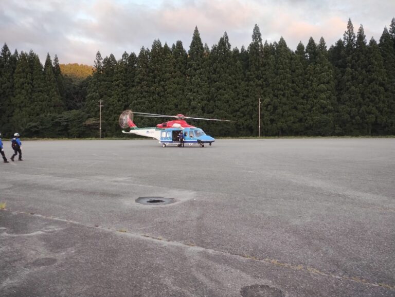 Boarding rescue helicopter evacuation Oku-Tainai Iide Mountains Japan