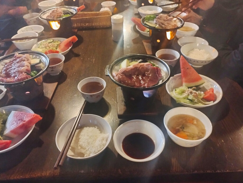 Steak dinner at Akadake Kosen mountain hut, Yatsugatake Japan