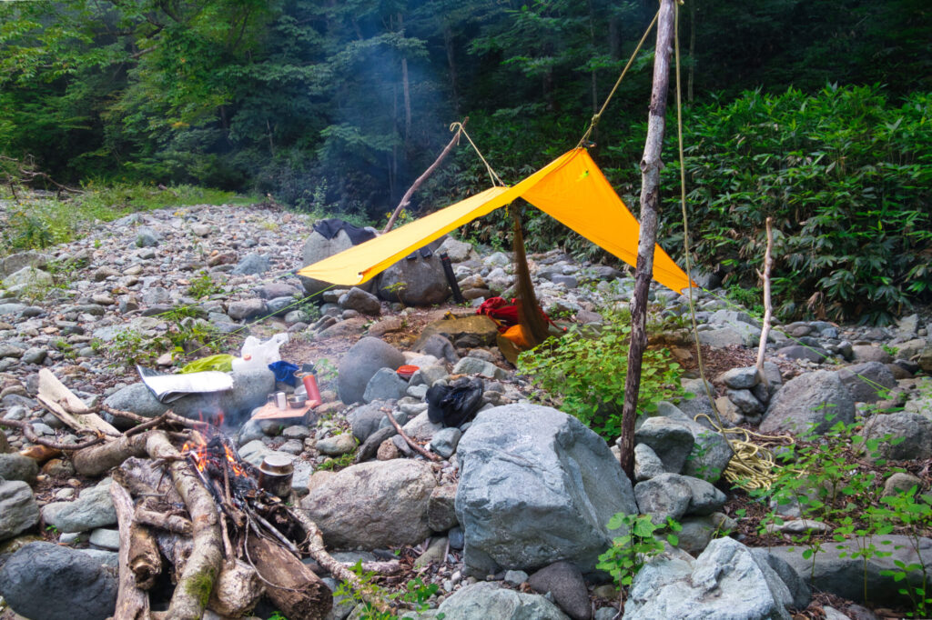 Bivouac campsite at 1150m elevation, Uonogawa stream climbing Oku-Shiga Japan