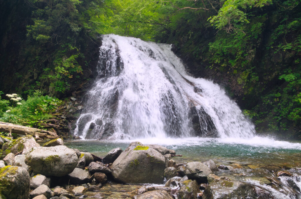 Shokuro Otaki great waterfall on the Uonogawa, Oku-Shiga Japan stream climbing