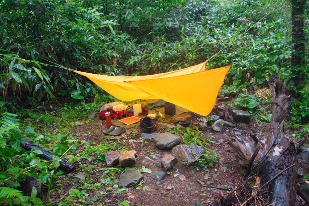 Bivouac in rain at 1620m elevation, Uonogawa stream climbing Oku-Shiga Japan