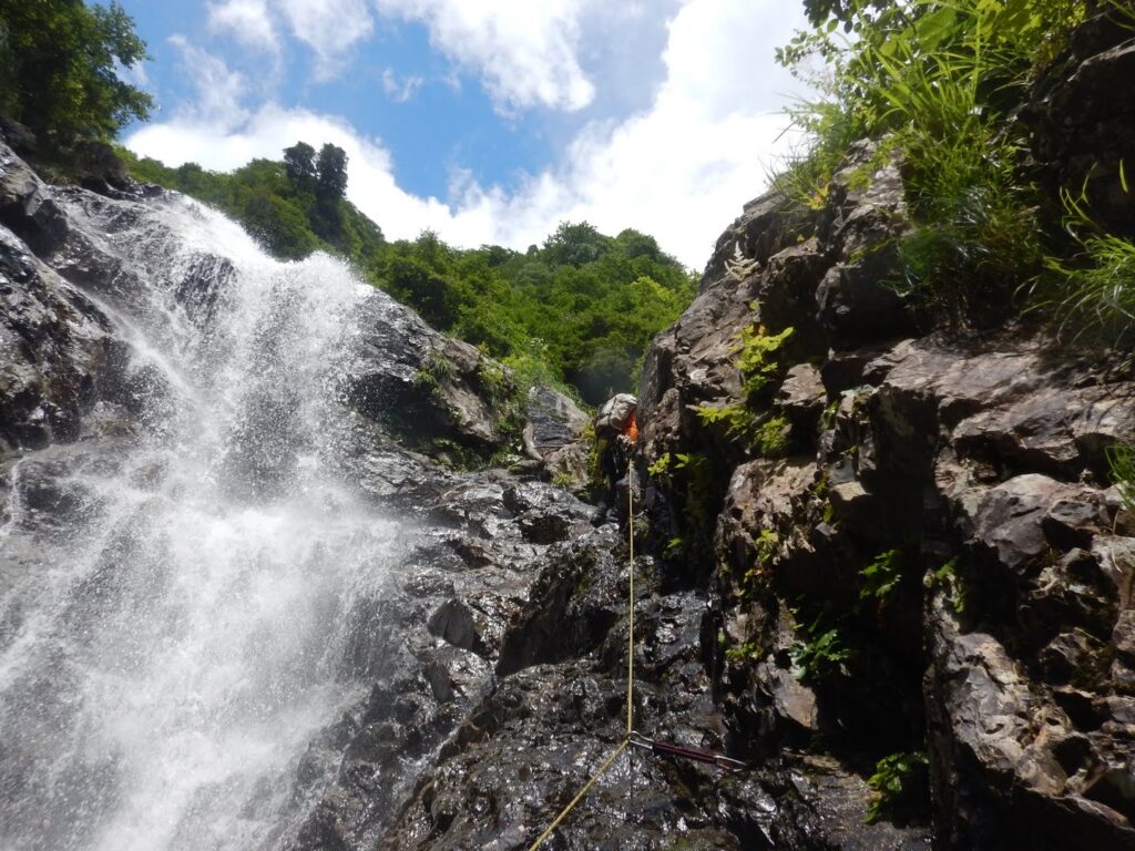 Two-tier 30-meter waterfall crux, Sasaana-zawa, Tanigawa Range Japan